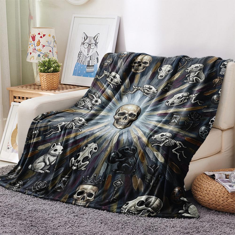 1Pc Skull Print Flannel Blanket, High quality Comfortable for All Seasons, Home Decor, Warmth and Comfort, Perfect for Christmas Gifts W52