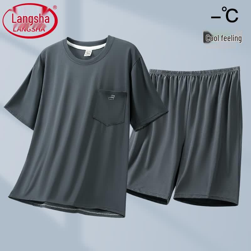 LangSha Men s Ice Silk Blend Short Sleeve Lounge Set XL