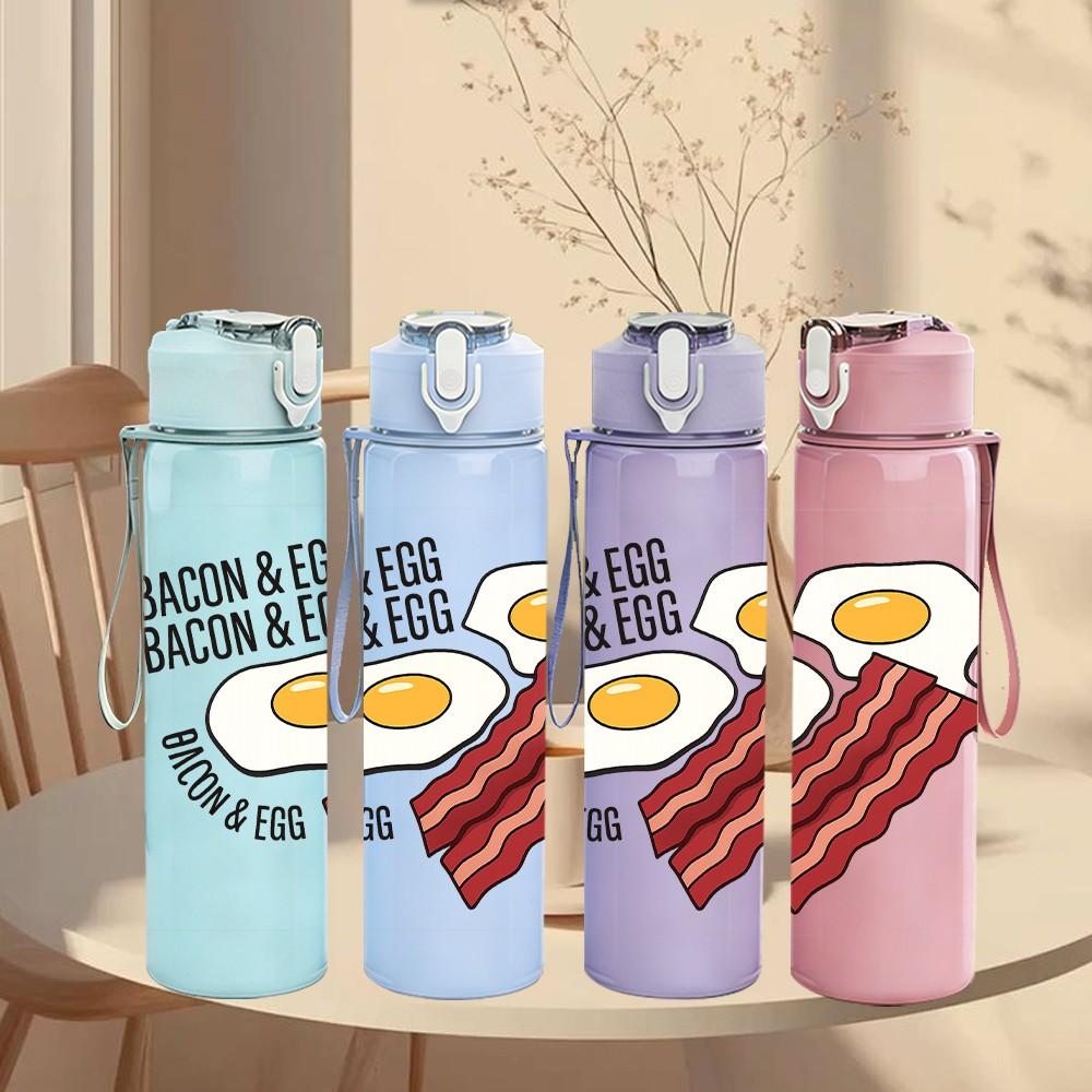 1PC Bacon Egg Breakfast Text 750ml Color Plastic Sports Water Bottle Leakproof Flip Straw Lid Suitable for Sports Office Home Use