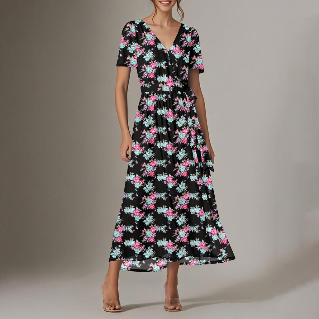 Women's Summer Floral Bohemian Dress Wrap V Neck Short Sleeves Ruffle A-Line Flowy Maxi Dress Summer Dresses For Women