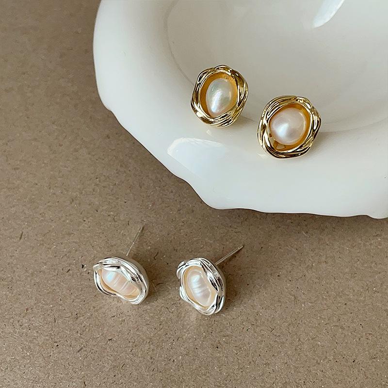 Elegant French Geometric Pearl Stud Earrings: Luxury & Versatile Jewelry for Women