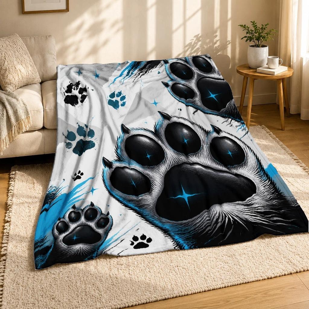 Glossy Cyan Cat Paw Prints Coral Fleece Blanket