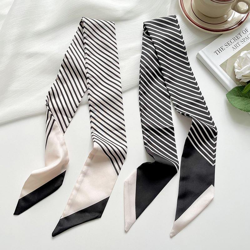 Striped long silk scarf, high-end sense fashion commuting versatile professional small scarf decoration hair tie bag streamer