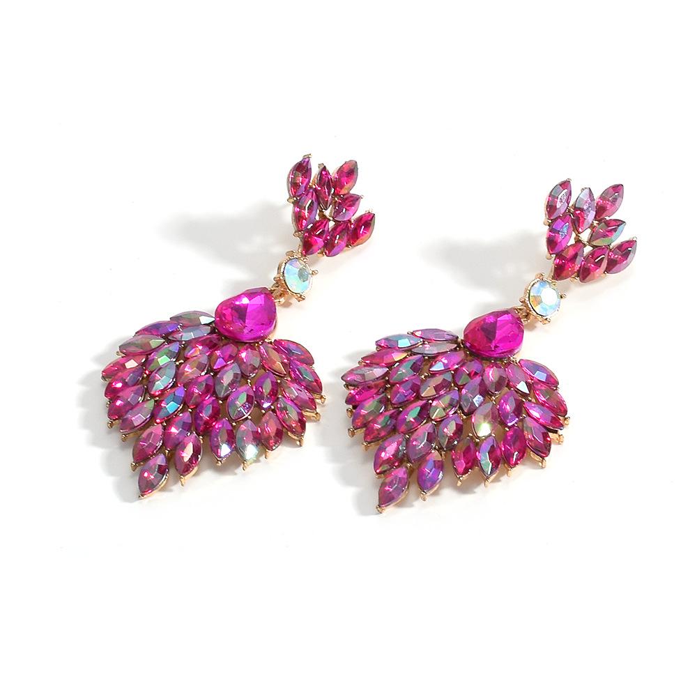 Retro Iridescent Rhinestone Fan-Shaped Dangle Earrings for Dinner Parties