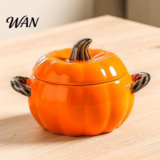 Ciotola da Zuppa con Coperchio, Manico Doppio, Zucca, Adatta al Microonde, Decorativa, Pratica, Regalo Cucina per Casa, Ciotola in Ceramica, Pentola Resistente al Calore per Stufati
