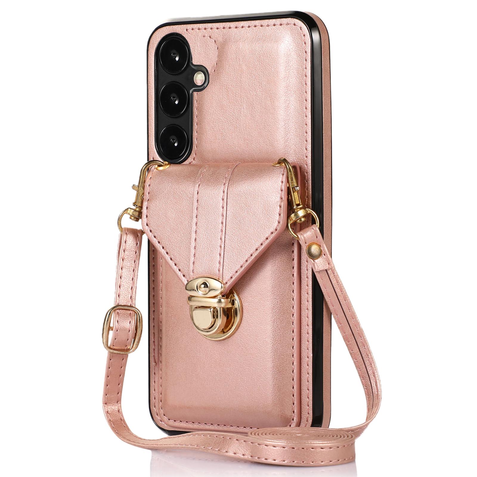 

For Samsung Galaxy A15 5G Case Phone Pouch Shoulder Bag Card Holder PU Leather+TPU Cover Rose Gold