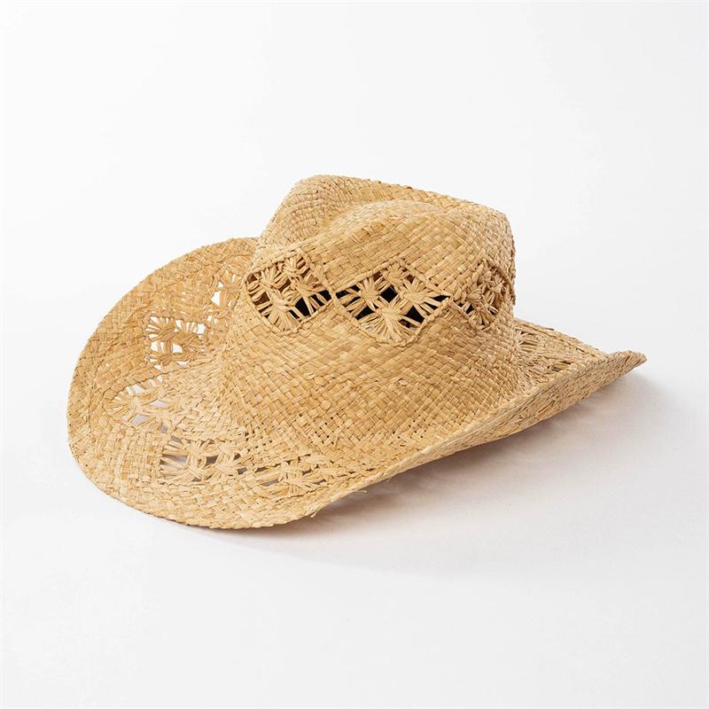 Raffia Straw Cowboy Hat Unisex Outdoor Travel Sun Protection Beach Western Style Straw Hat  Sombrero Cowboy