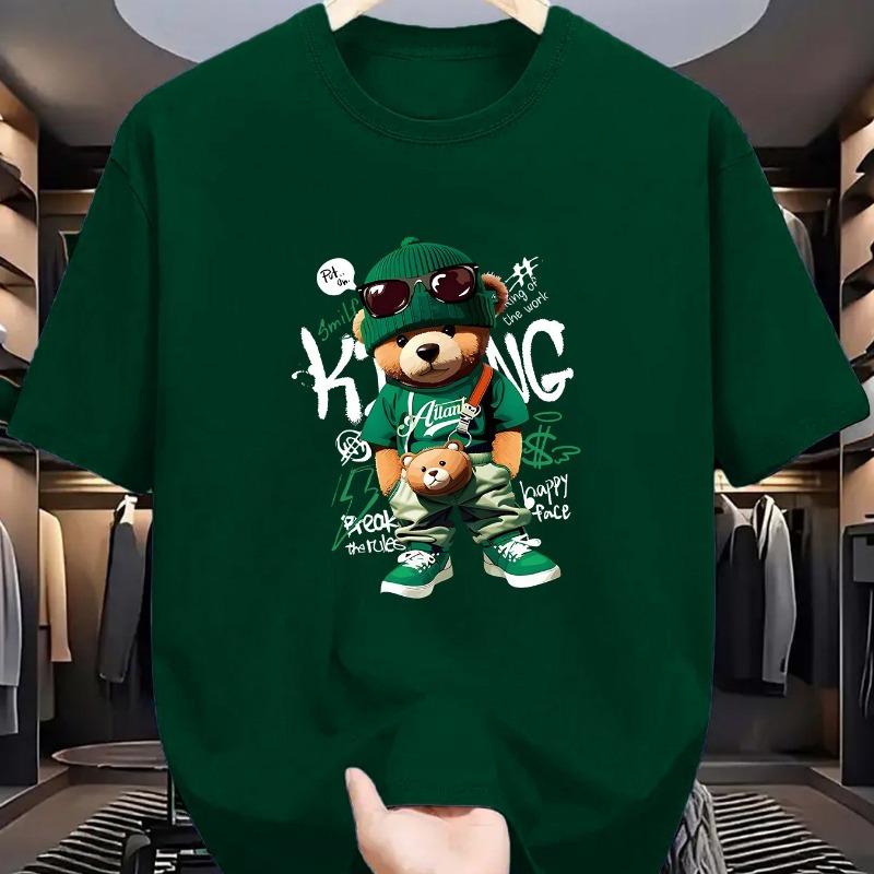 Men's Summer 100 Cotton Fashionable Casual Loose Large Geometric Bear Pattern Printed Sports Round Neck Short Sleeve T-shirt Top