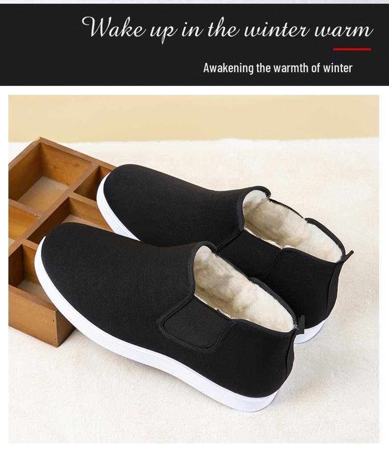Men's Black High-Top Cloth Shoes - Rubber Sole, Cotton, Dustproof, Wear-Resistant, Breathable, Slip-On