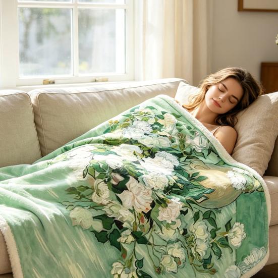 Oil Painting Nap Blanket, Soft Warmth Double-Sided Flannel, Digital Print Shrink-Resistant Machine Washable Office Travel Throw Blanket