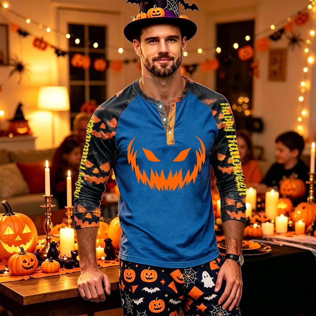 Men's Long Sleeve Shirt with Halloween Print for Holiday Parties and Casual Wear