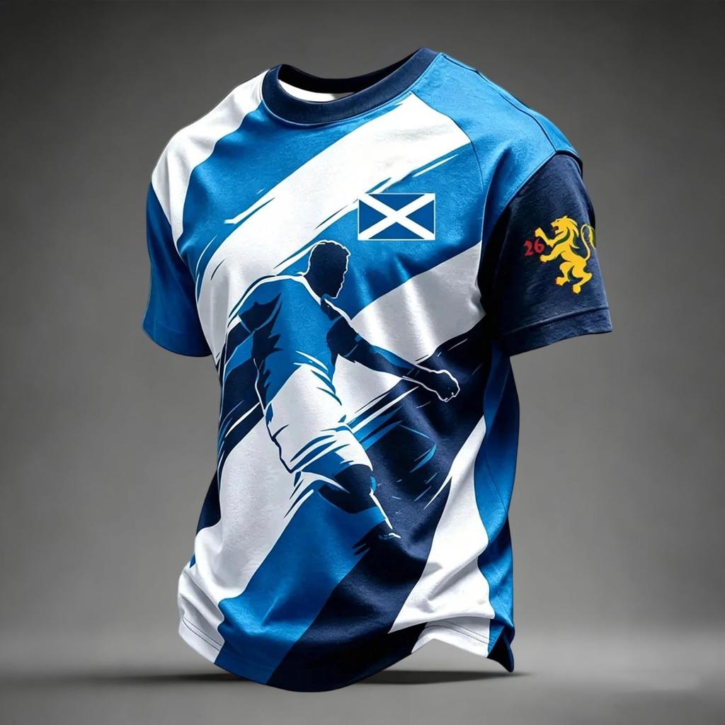 T-shirt Casual da Uomo con Maniche Raglan e Stampa a Quadri Calcio Scozzese, Manica Corta, Girocollo, per l'Uso Quotidiano
