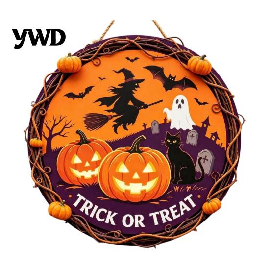 Farmhouse Door Hanger Vintage Wooden Halloween Welcome Hanger, Pumpkin Ghost Skull Witch Wall Indoor Hanging Sign, Decor for Front Porch Decoration