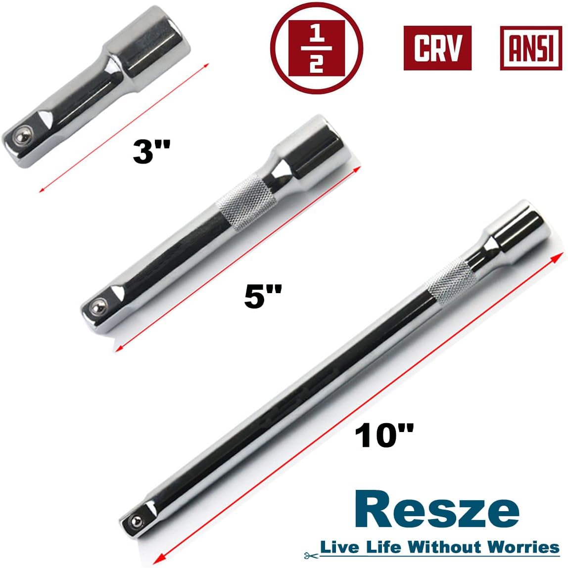 

3 Pcs 1/2 Socket Extension Set, 3 , 5 , 10 Ratchet Extensions, Chrome Vanadium Steel, Silver United States