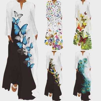 2024 Women's Summer Fashion V-Neck Long Sleeve Printed Maxi Dress with Pockets, Sizes S-5XL