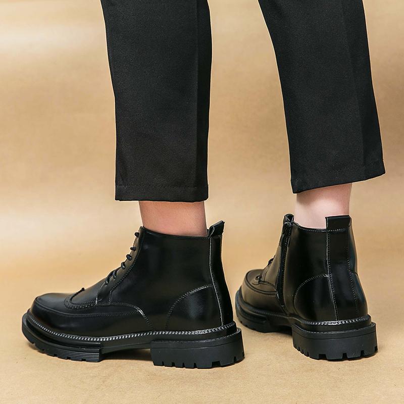 Autumn and Winter British-style Men's Boots Brogue Carved High-top Casual Leather Shoes Men's Zipper Workwear Ankle Boots