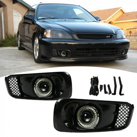 For 1999-2000 Honda Civic Clear Lens LED Halo Projector Fog Lights Lamps DRL