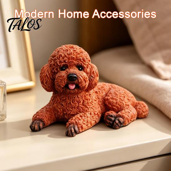 Dog Figurine Decor Realistic Teddy Statue, Desktop Small Pet Model, Cute Laying Sculpture Elegant Poodle Model for Car Dashboard, Desk, Shelf, Living