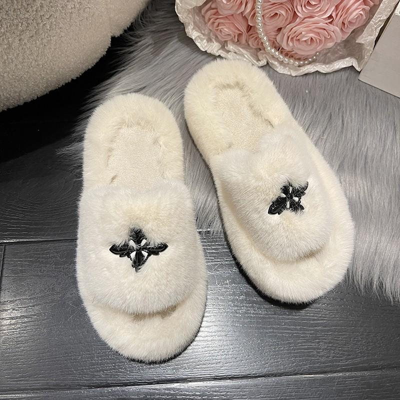 2025 Mao Mao Slippers Women's New Autumn and Winter Outer Wear One-word Flat-bottomed Warm Thick-bottomed Open-toed Slippers