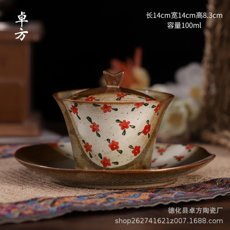 Pure Hand-painted Small Floral Firewood Fired Retro Underglaze Colored Tea Set Chinese Style Kung Fu Tea Set Tea Pot and Cup Set