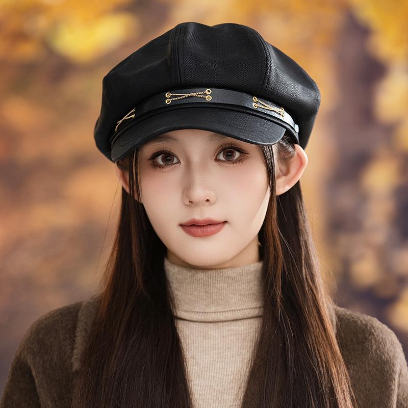 New Autumn and Winter Versatile Chain Octagonal Hat for Women Retro British Style Beret High End Style Windproof Painter Hat Trend