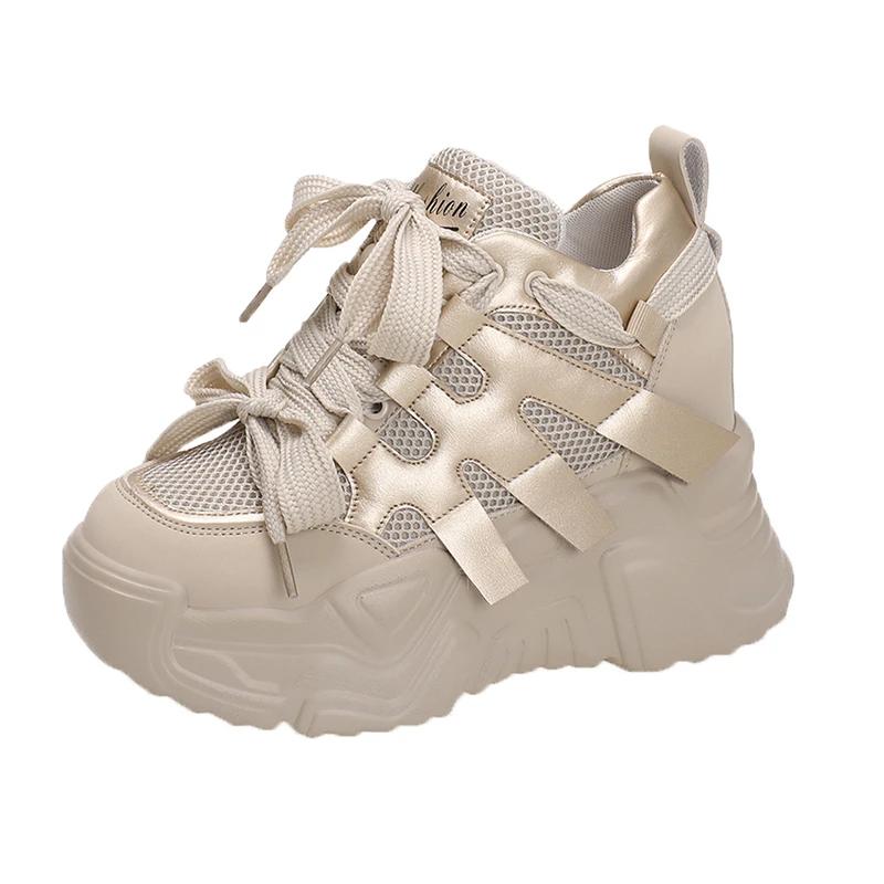 Fashion Women Autumn Leather Sneakers 10CM Heels White Mesh Casual Shoes New Fashion Woman Trainers Lace-Up Breathable Platform Sneakers