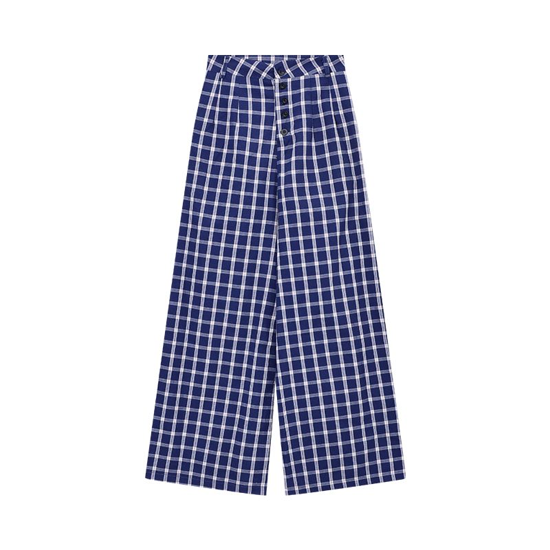 

Blue Retro Gingham Early Autumn High Waist Loose Casual Pants Blue Gingham L