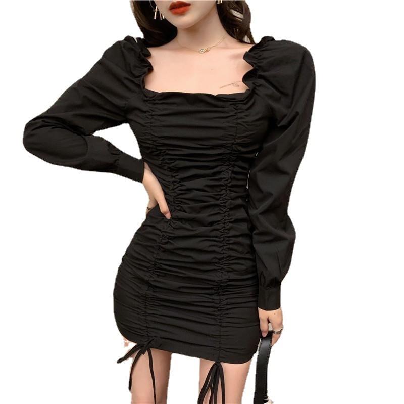 Temperament Dress Women's Spring New Korean Version of Sexy Pleated Shoulder Skirt Slim and Thin Short Skirt Tide