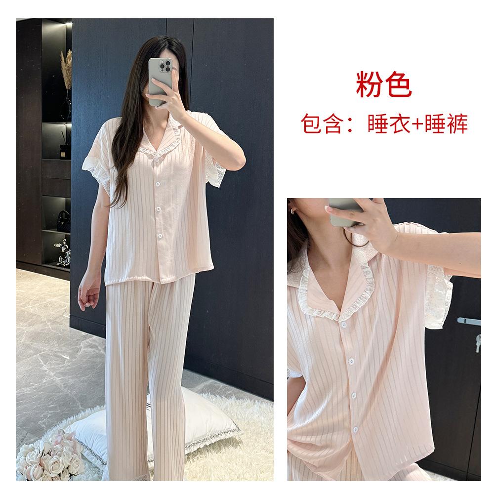 Acetate forging short-sleeved trousers pajamas set, women's summer can wear satin ice silk loungewear, high-end lace pajamas