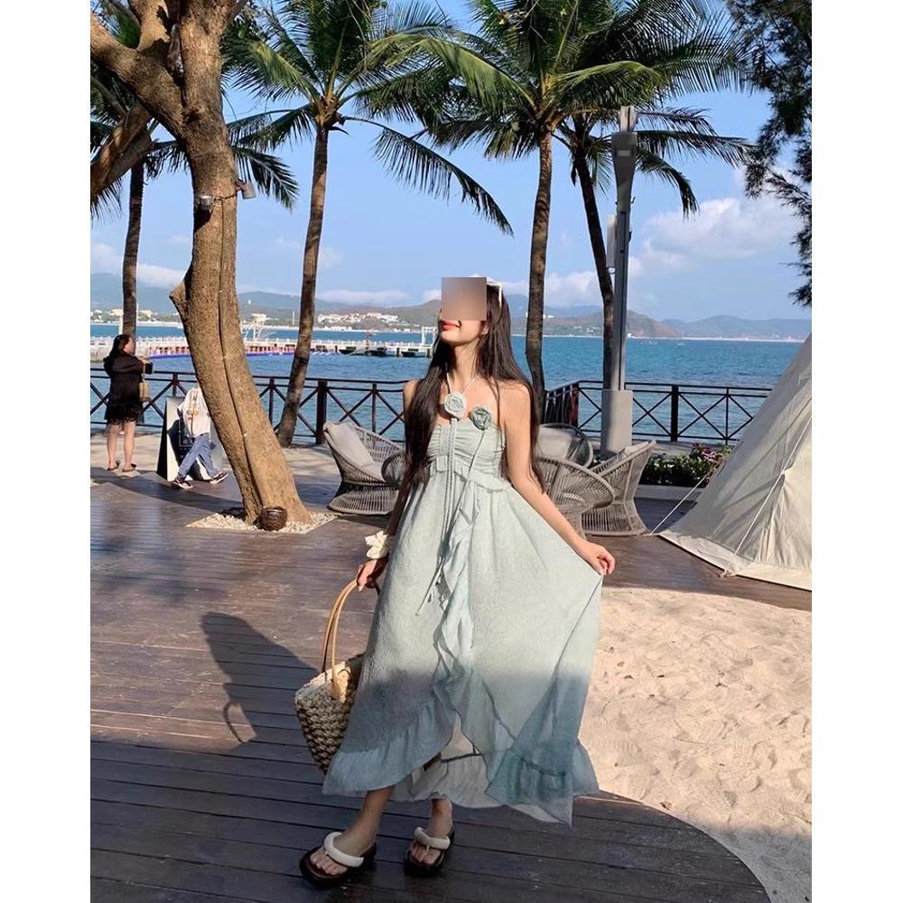 

Женское летнее платье цвета французский зеленый с открытой спиной и розами L (for 50-55 kg)