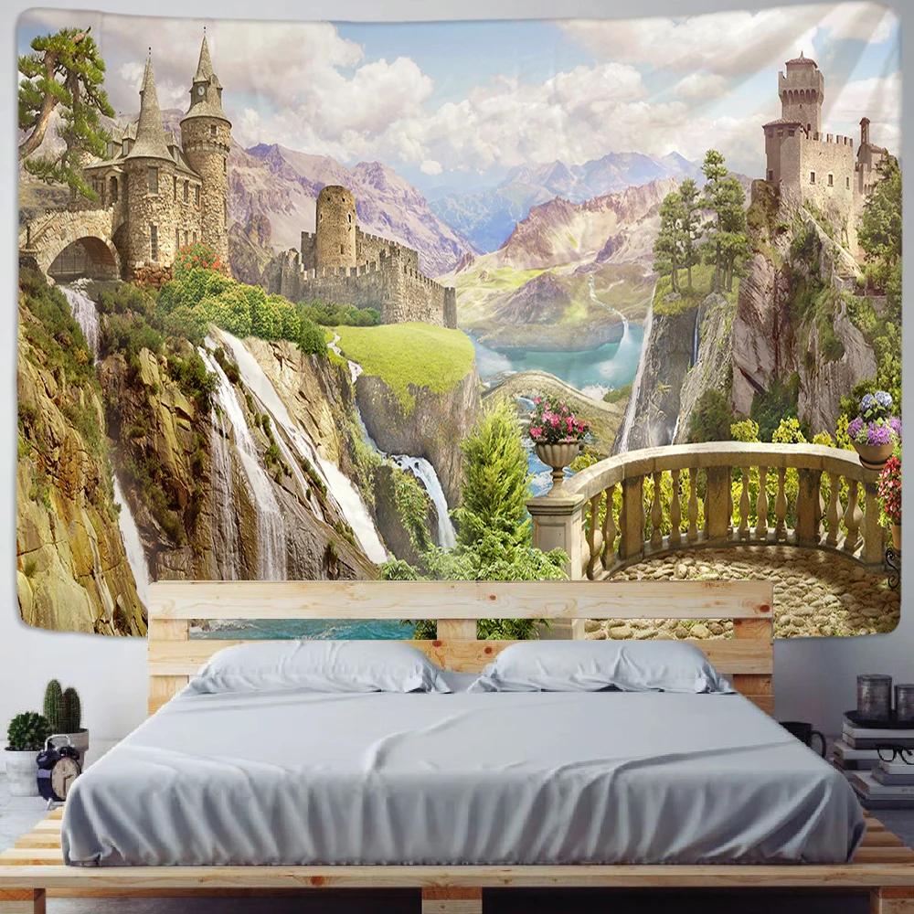 Balcony City Castle Hill Green Plant Landscape Printing Tapestry  Cheap Hippie Wall Hanging Bohemian Wall Tapestries