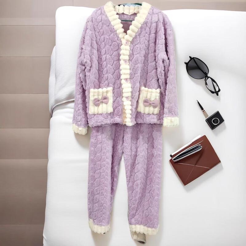 OEING Women's Warm Lychee Coral Fleece Cardigan Pajama Set