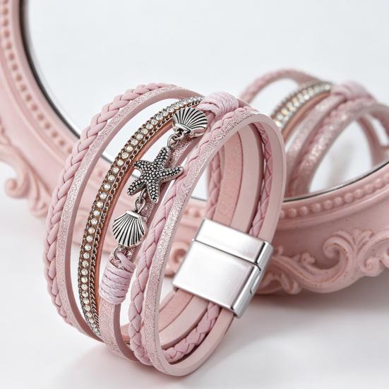 Damen geflochtenes Armband mehrlagig böhmisch Kunstlederseil Seestern Muschel Dekor Sicheres Verschluss Armband Handgelenk Accessoire