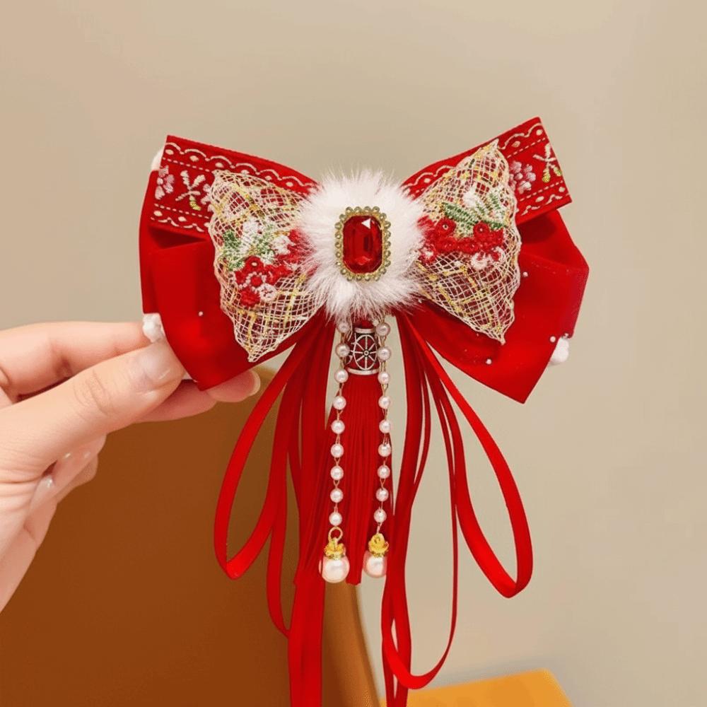 Flower Bow Ribbon Hair Clip Red Hanfu Hair Ornamen Chinese Style New Year Hairpin  Festival
