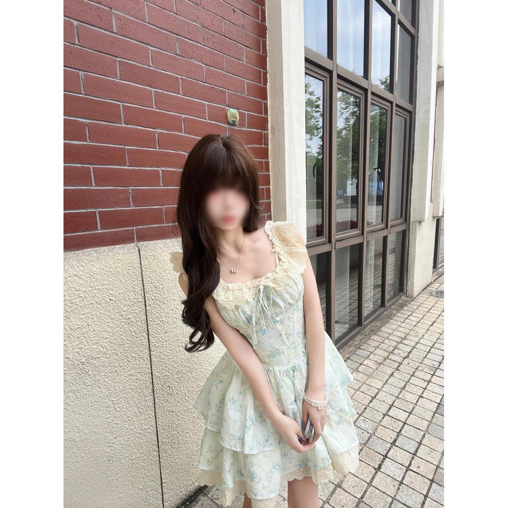 Pure Desire Floral Dress for Women's Summer Leisure, a While Ago, Showing Thinness and Waist Princess Cake Dress, Sweet Lace Short Dress