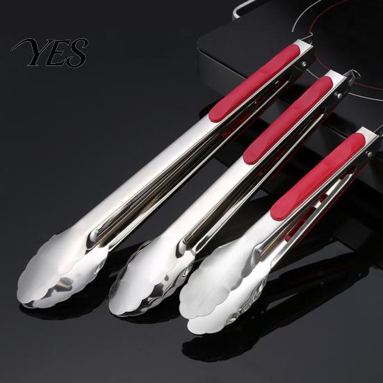 Anti-slip Kitchen Tongs with Anti-Slip Handle And Silicone Scalloped Edges, Stainless Steel Cooking Thumb Rest Locking Food Clips for Grilling