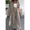 Women's Solid Color Loose Long Sleeve Shirt Elastic Waist Wide Leg Pants Casual Two Piece Outfit Set