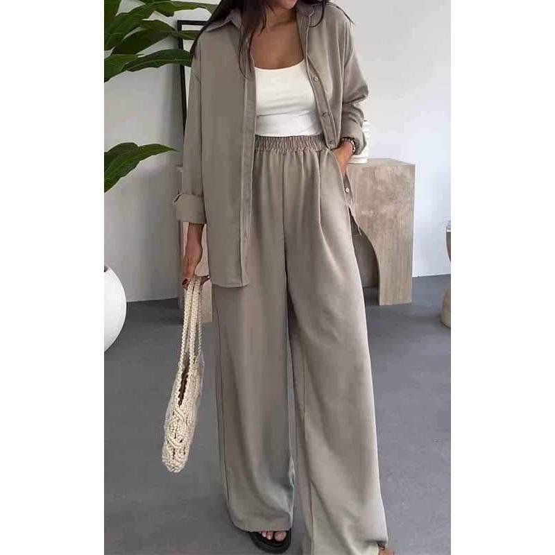 Women's Solid Color Loose Long Sleeve Shirt Elastic Waist Wide Leg Pants Casual Two Piece Outfit Set