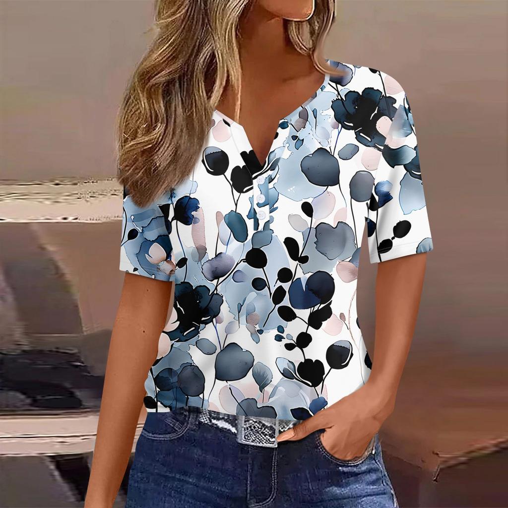 Women's T Shirt Print Button Short Sleeve Daily Weekend Fashion Basic V- Neck Regular Top