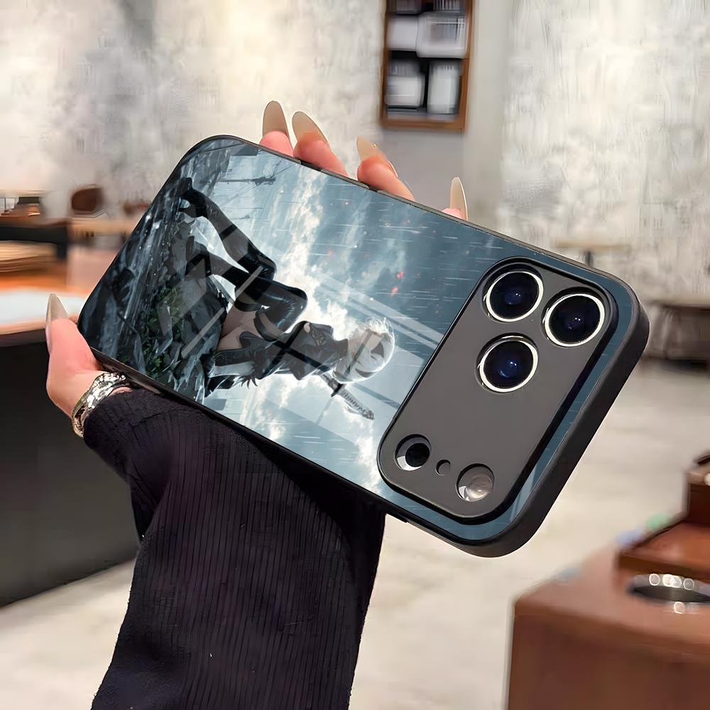 N-NieR A-Automata 2B Phone Case For IPhone 17 Air 16 E Pro Max 15 14 13 Mini 12 Pro 11 Max Plus Black Glass Cover