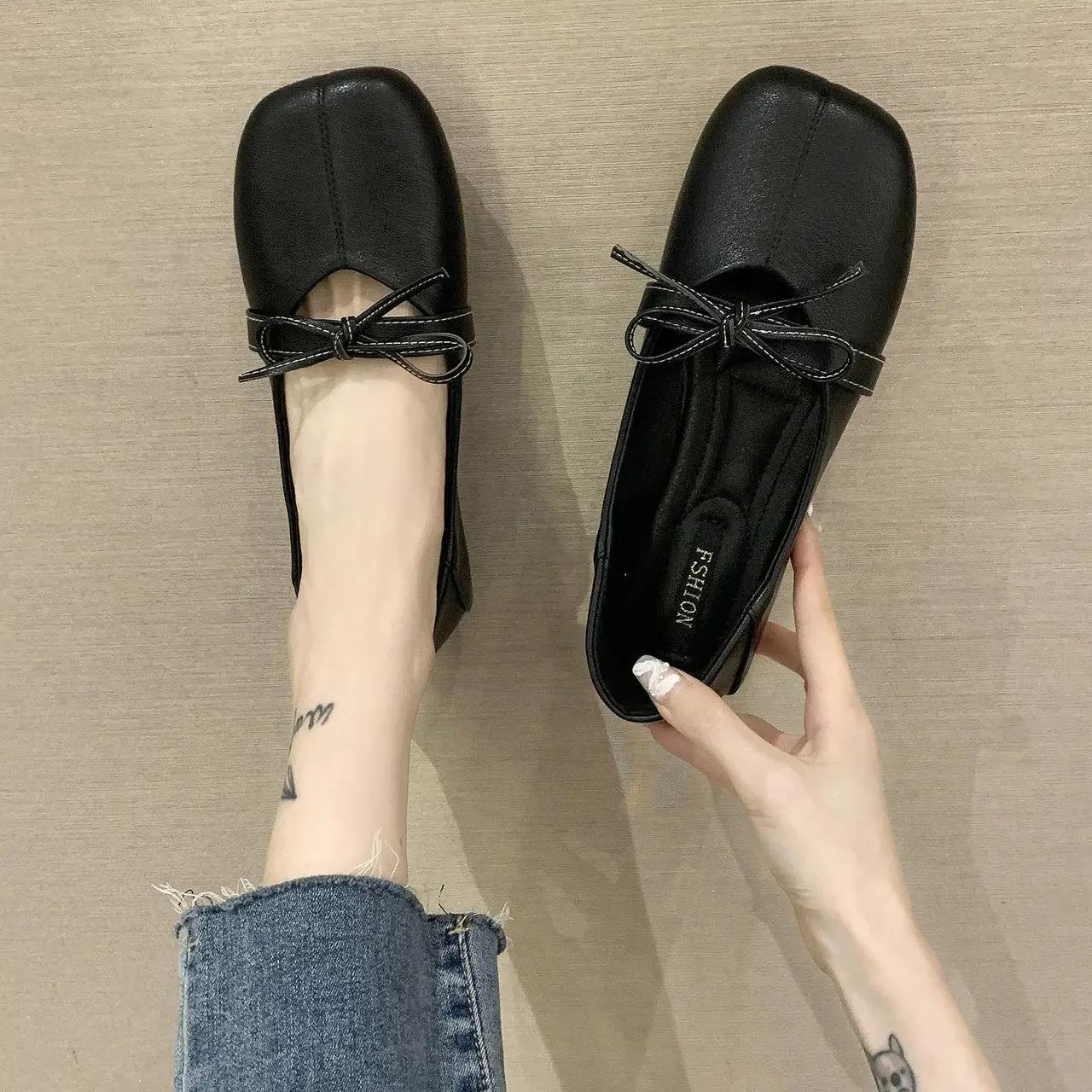 

Fashion Leather Casual with Bow Black Woman Flats Low Heel Elegant Office Cheap Liquidation Popular Non Slip Spring Shoe Shoes for Women 40