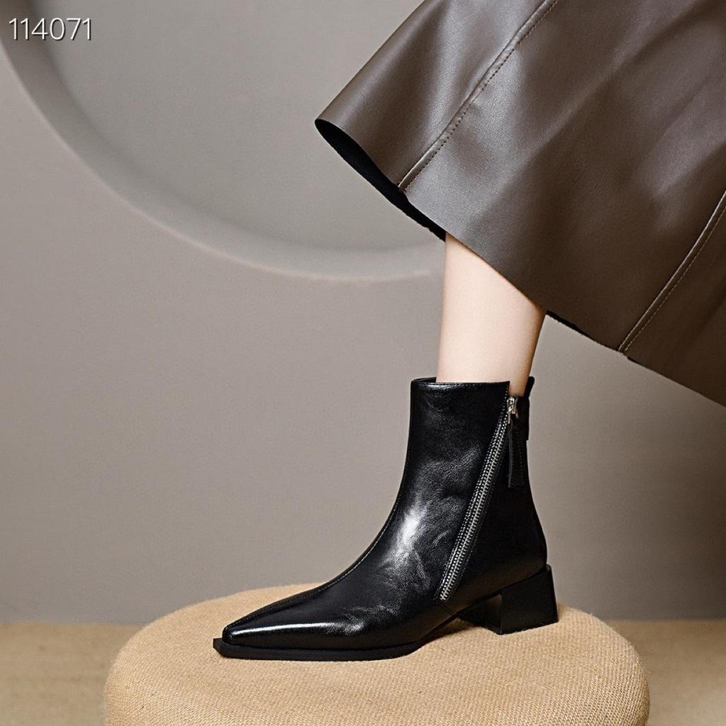 Women's Fleece-Lined Pointed Toe Ankle Boots - 2025 Autumn/Winter Collection, Chunky Medium Heel, Versatile & Slimming Martin Style