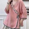 Neues V-Ausschnitt Retro Schrägkragen Chinesischer Stil Besticktes Baumwoll- und Leinen Kurzarm T-Shirt für Damen im Sommer mit lockeren Bindebändern Teejacke Oberteil