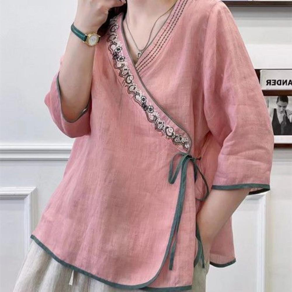 Neues V-Ausschnitt Retro Schrägkragen Chinesischer Stil Besticktes Baumwoll- und Leinen Kurzarm T-Shirt für Damen im Sommer mit lockeren Bindebändern Teejacke Oberteil