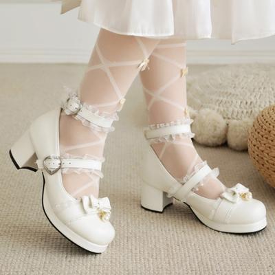 Bow-tied High Heels Women's Lolitas Mary Janes Shoes Spring Ankle Strap Black White Heeled Wedding Party Shoes Girls Big Size