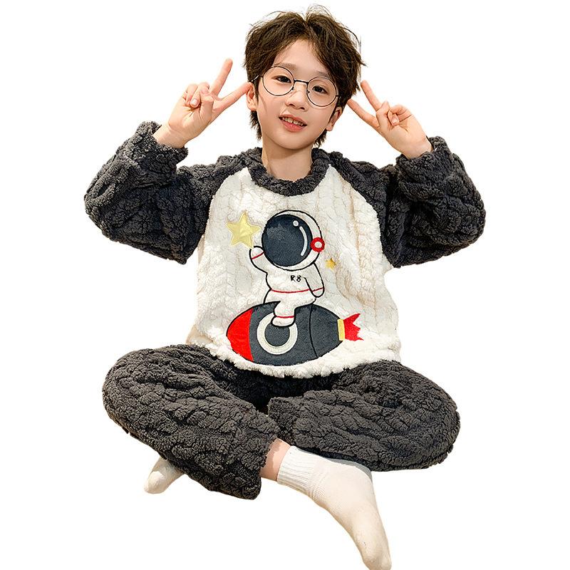 Kinder Flanell Pyjama Set Jungen Mädchen Warm Langarm Oberteil Und Hose Nachtwäsche Winter Haus Nachtwäsche