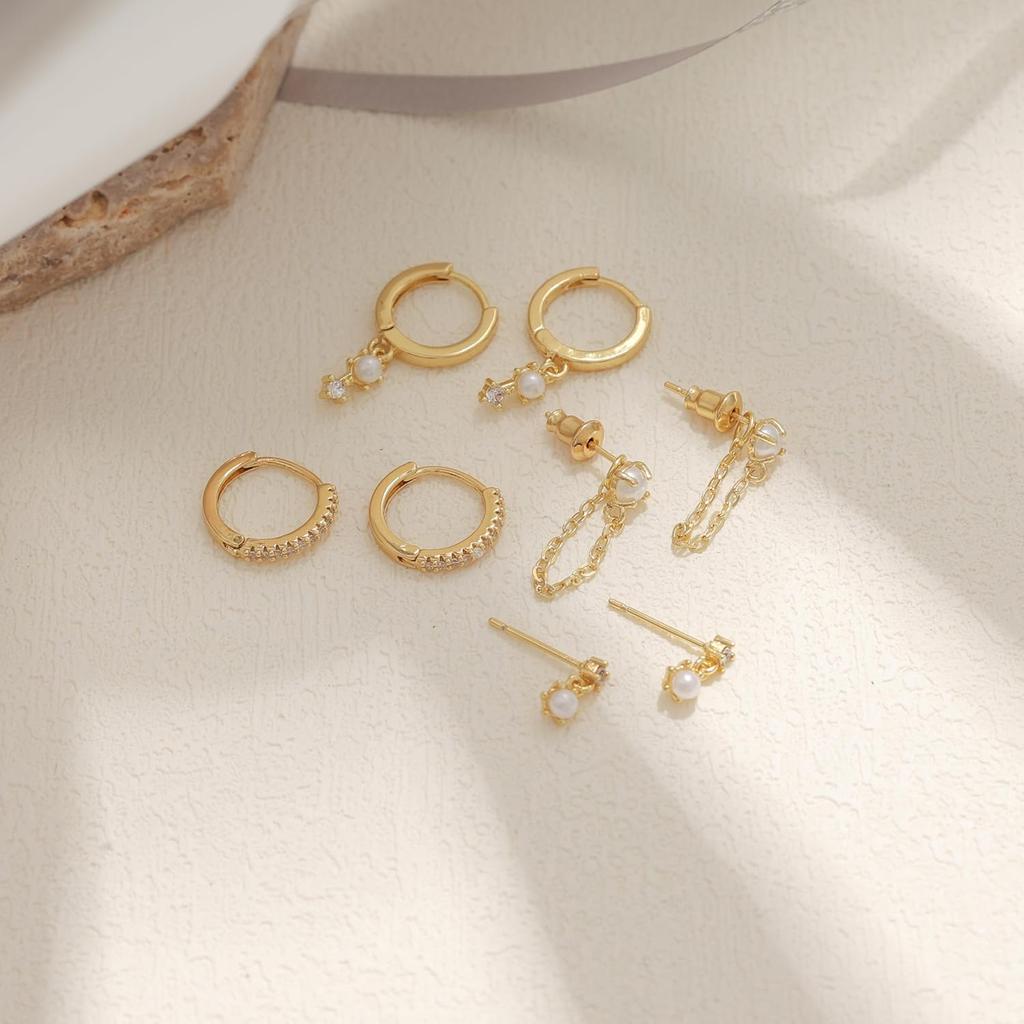 14k Gold Plated Pearl Hoop Earrings for Women Dainty Huggie Stacks, Hypoallergenic Cute Cartilage Studs, Trendy Fashion Zircon
