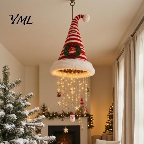 Festive Atmosphere Decoration Set Light?Up Santa Hat Hanging Chandelier DIY Kit, Warm LED Christmas String Lights Seasonal Home Accessories Pendant