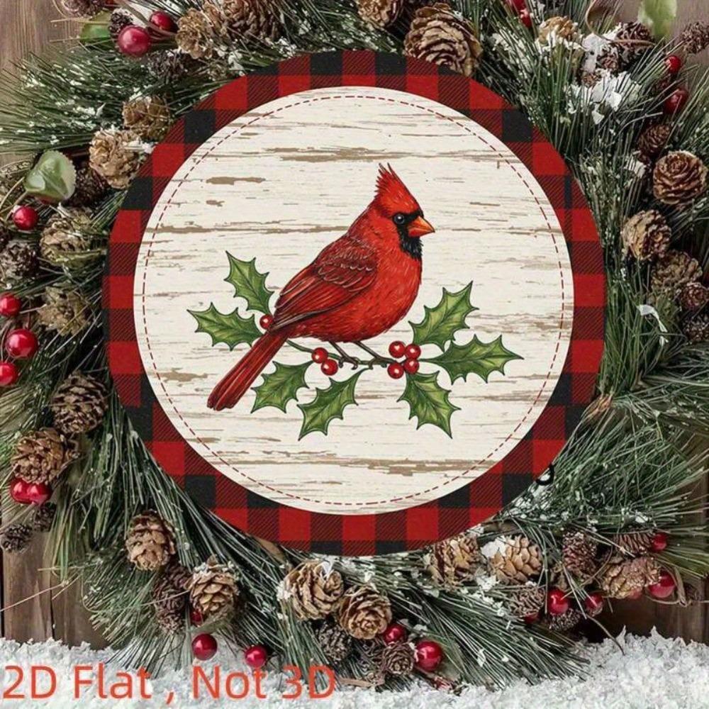 Vintage Cardinal Holly Wreath Tin Metal Sign Rustic Wood Wall Art Farmhouse Holiday Christmas Home Decor 7.87 Inch