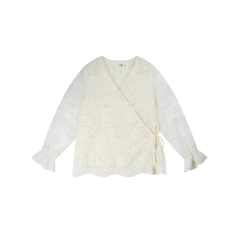 Shuangtian 2026 Plus Size Women s Sweet Lace Pearl V-neck Top XL